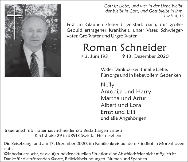  Traueranzeige für Roman Schneider vom 28.12.2020 aus  Schaufenster/Blickpunkt 