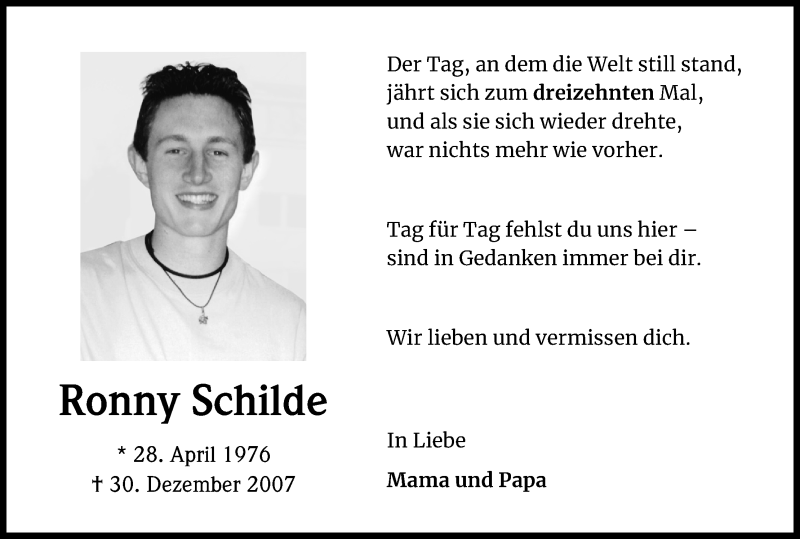  Traueranzeige für Ronny Schilde vom 30.12.2020 aus Kölner Stadt-Anzeiger / Kölnische Rundschau / Express