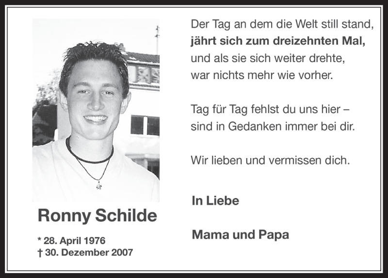  Traueranzeige für Ronny Schilde vom 28.12.2020 aus  Wochenende 