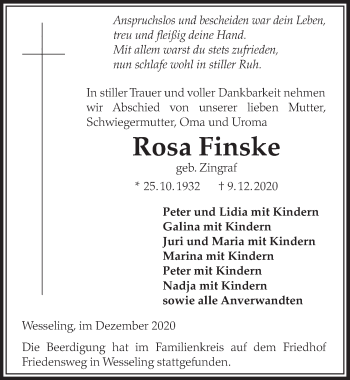 Anzeige von Rosa Finske von  Schlossbote/Werbekurier 