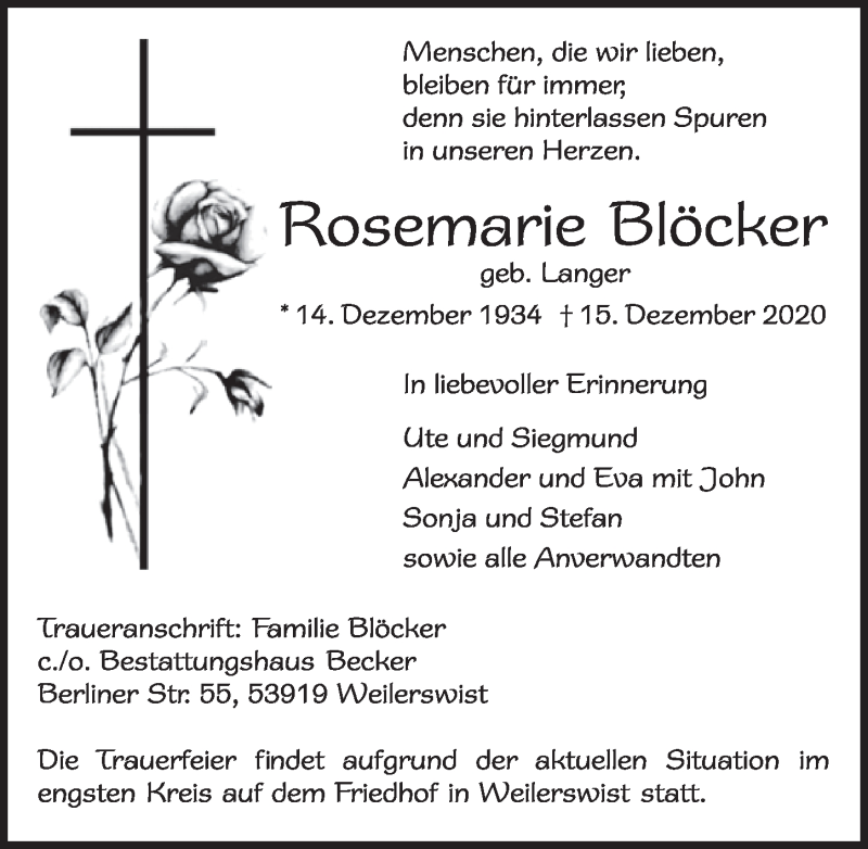 Traueranzeige für Rosemarie Blöcker vom 26.12.2020 aus  Blickpunkt Euskirchen 