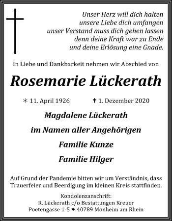Anzeige von Rosemarie Lückerath von Kölner Stadt-Anzeiger / Kölnische Rundschau / Express