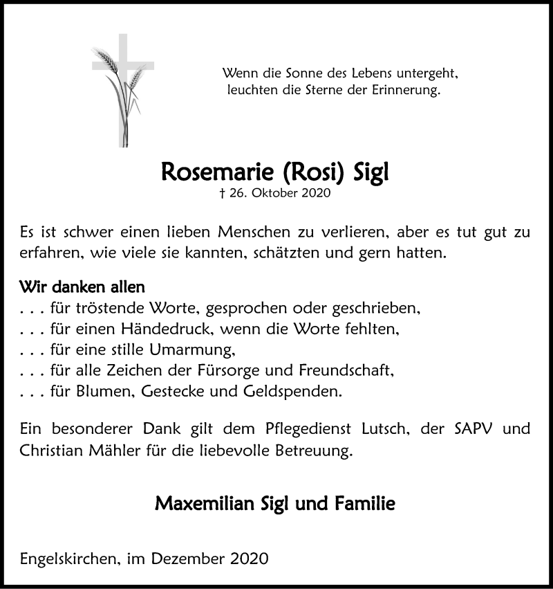  Traueranzeige für Rosemarie Rosi Sigl vom 05.12.2020 aus Kölner Stadt-Anzeiger / Kölnische Rundschau / Express