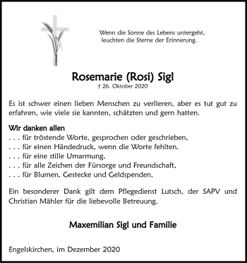 Anzeige von Rosemarie Rosi Sigl von Kölner Stadt-Anzeiger / Kölnische Rundschau / Express