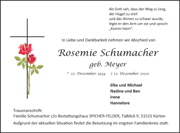 Anzeige von Rosemie Schumacher von Kölner Stadt-Anzeiger / Kölnische Rundschau / Express
