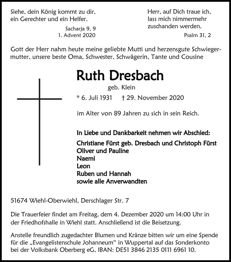  Traueranzeige für Ruth Dresbach vom 02.12.2020 aus Kölner Stadt-Anzeiger / Kölnische Rundschau / Express