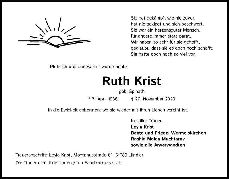  Traueranzeige für Ruth Krist vom 05.12.2020 aus Kölner Stadt-Anzeiger / Kölnische Rundschau / Express