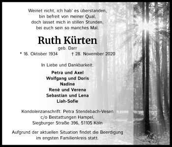 Anzeige von Ruth Kürten von Kölner Stadt-Anzeiger / Kölnische Rundschau / Express