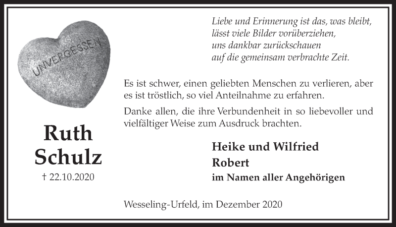  Traueranzeige für Ruth Schulz vom 11.12.2020 aus  Schlossbote/Werbekurier 