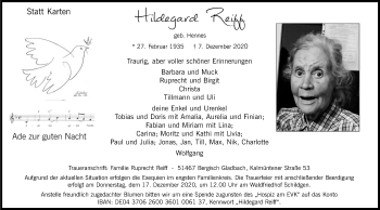 Anzeige von SHildegard Reiff von Kölner Stadt-Anzeiger / Kölnische Rundschau / Express