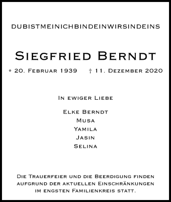 Anzeige von Siegfried Berndt von Kölner Stadt-Anzeiger / Kölnische Rundschau / Express
