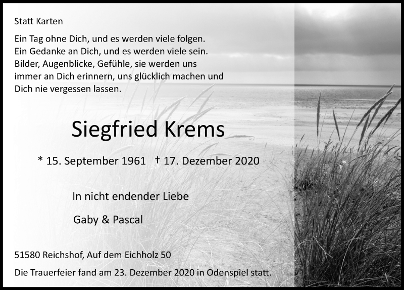  Traueranzeige für Siegfried Krems vom 28.12.2020 aus  Anzeigen Echo  Lokalanzeiger 