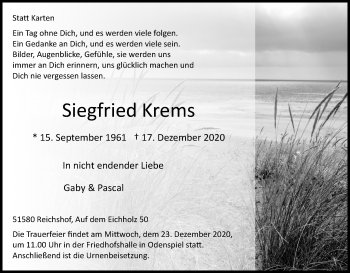 Anzeige von Siegfried Krems von Kölner Stadt-Anzeiger / Kölnische Rundschau / Express