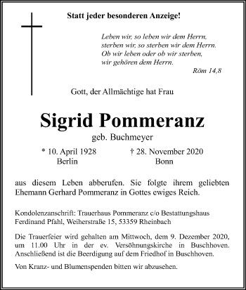 Anzeige von Sigrid Pommeranz von Kölner Stadt-Anzeiger / Kölnische Rundschau / Express