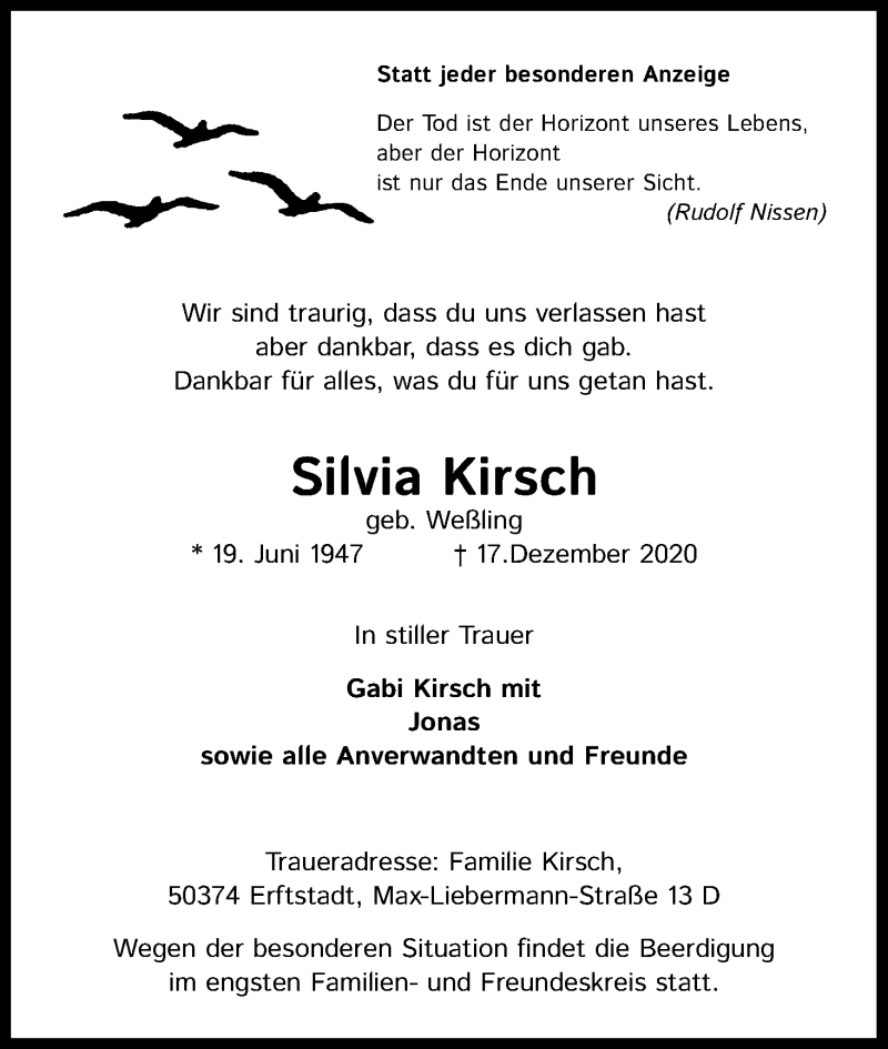  Traueranzeige für Silvia Kirsch vom 23.12.2020 aus Kölner Stadt-Anzeiger / Kölnische Rundschau / Express