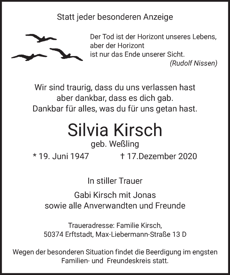  Traueranzeige für Silvia Kirsch vom 28.12.2020 aus  Wochenende 