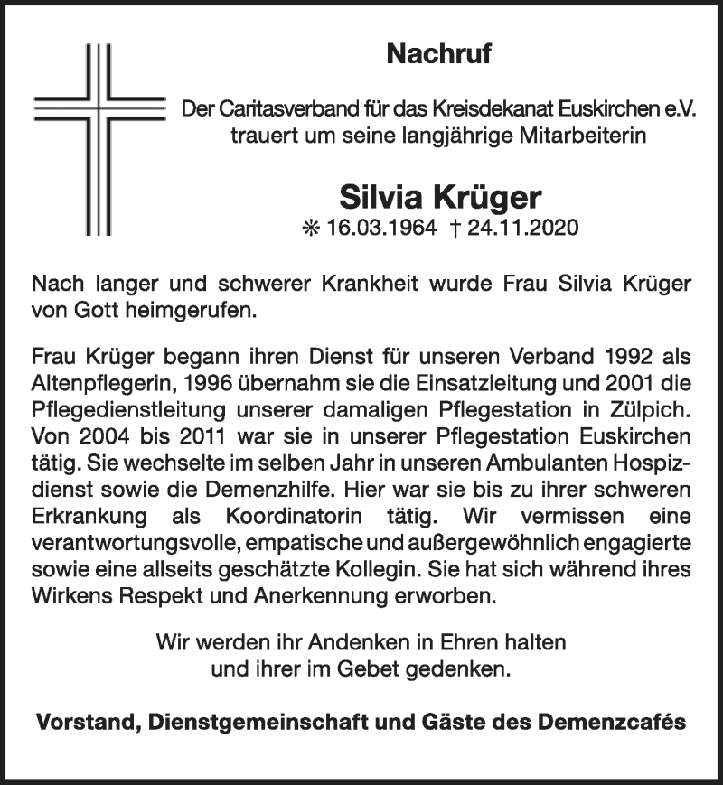  Traueranzeige für Silvia Krüger vom 05.12.2020 aus  Blickpunkt Euskirchen 
