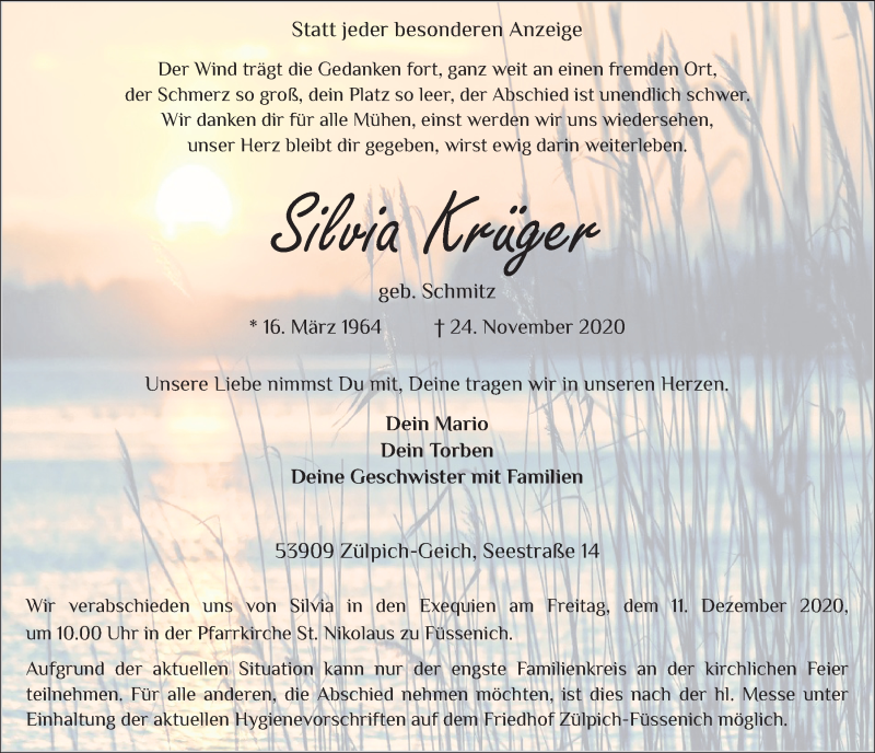  Traueranzeige für Silvia Krüger vom 05.12.2020 aus  Blickpunkt Euskirchen 