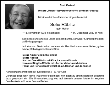 Anzeige von Sofie Röblitz von Kölner Stadt-Anzeiger / Kölnische Rundschau / Express