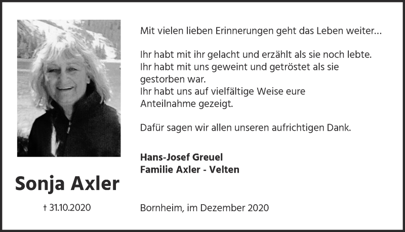  Traueranzeige für Sonja Axler vom 11.12.2020 aus  Schaufenster/Blickpunkt 