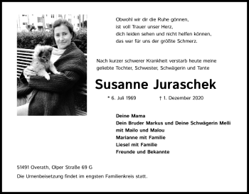 Anzeige von Susanne Juraschek von Kölner Stadt-Anzeiger / Kölnische Rundschau / Express
