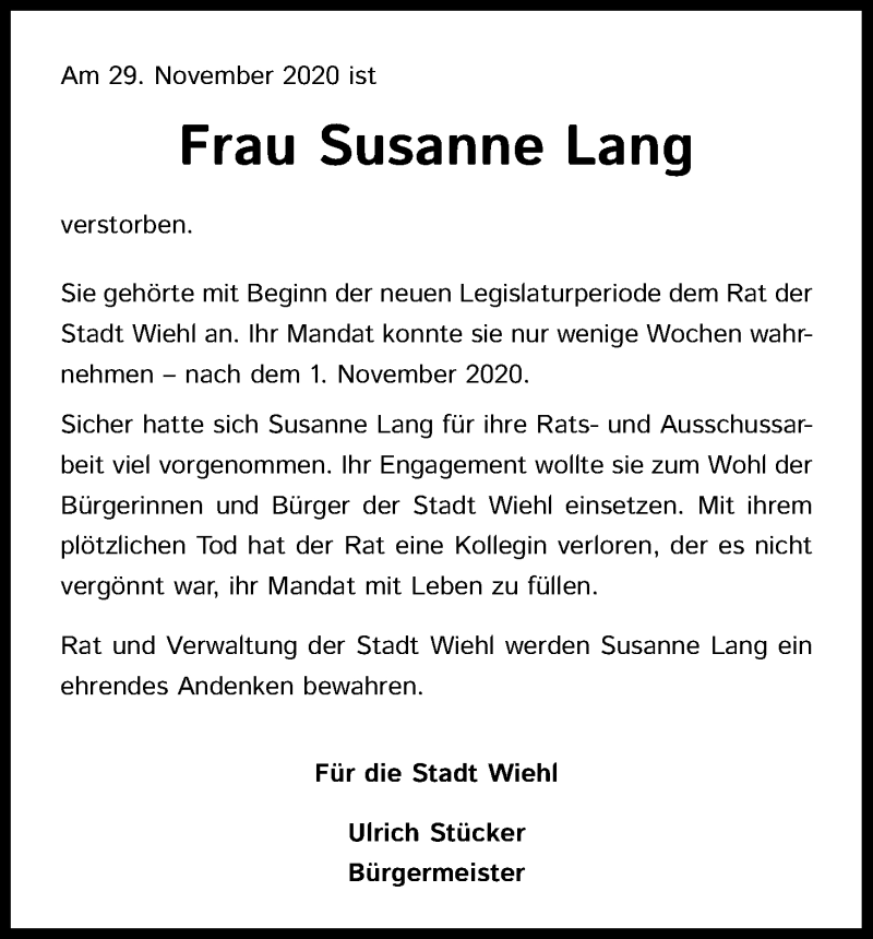  Traueranzeige für Susanne Lang vom 09.12.2020 aus Kölner Stadt-Anzeiger / Kölnische Rundschau / Express