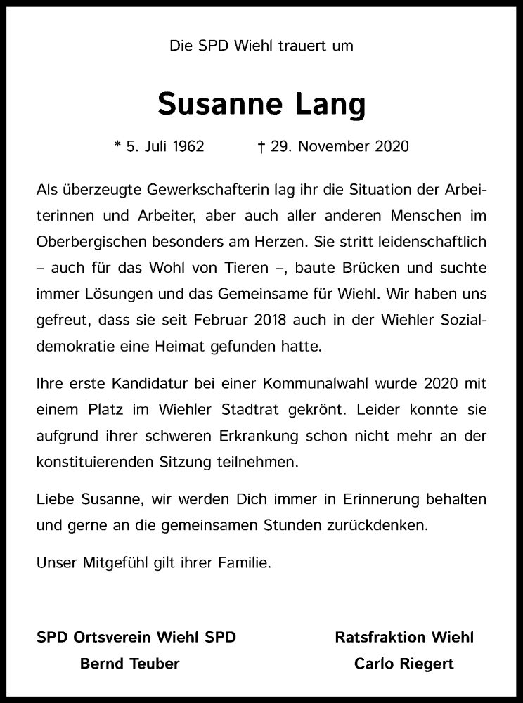  Traueranzeige für Susanne Lang vom 12.12.2020 aus Kölner Stadt-Anzeiger / Kölnische Rundschau / Express