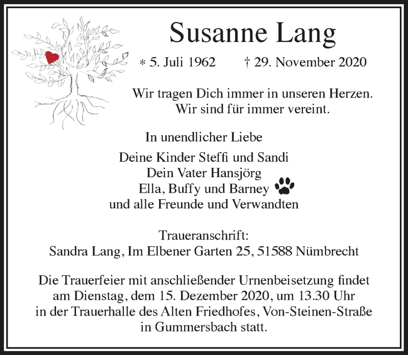 Traueranzeige für Susanne Lang vom 11.12.2020 aus  Anzeigen Echo  Lokalanzeiger 