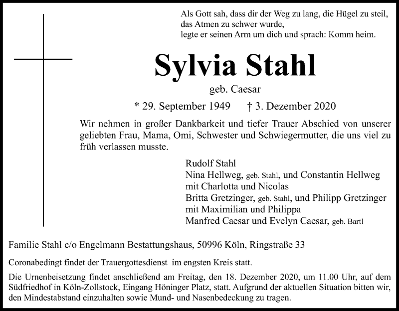  Traueranzeige für Sylvia Stahl vom 12.12.2020 aus Kölner Stadt-Anzeiger / Kölnische Rundschau / Express