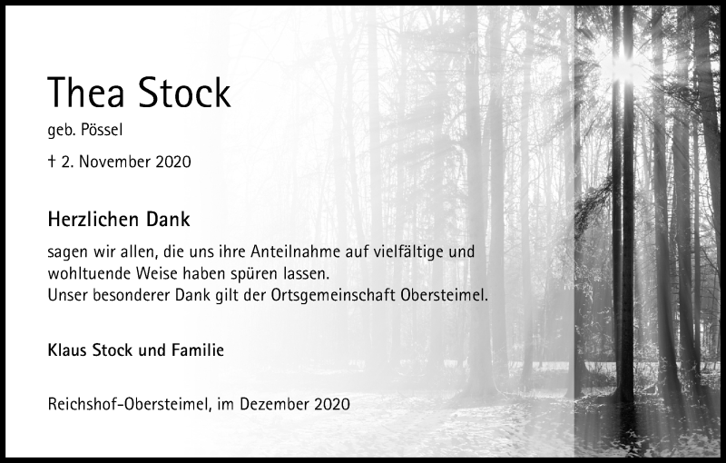  Traueranzeige für Thea Stock vom 12.12.2020 aus Kölner Stadt-Anzeiger / Kölnische Rundschau / Express