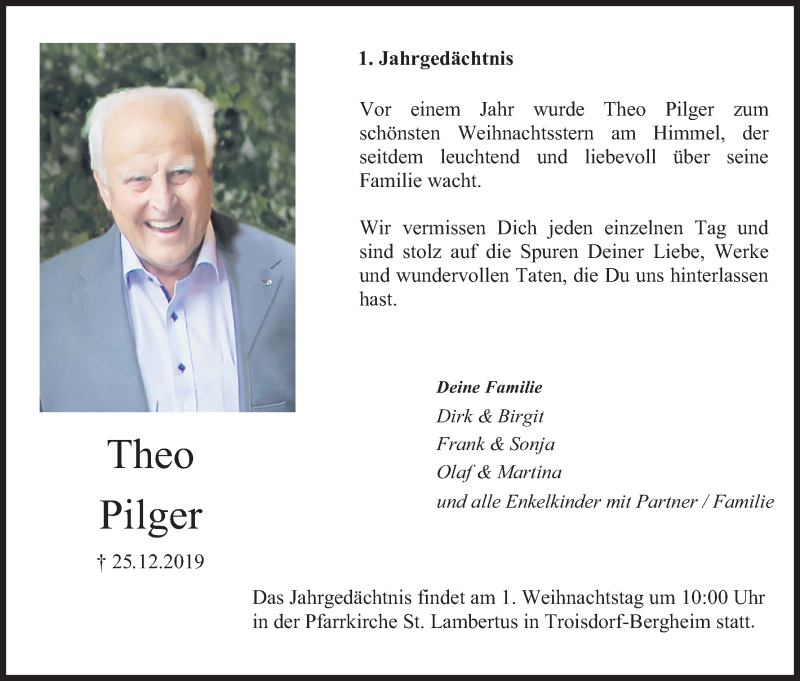  Traueranzeige für Theo Pilger vom 19.12.2020 aus Kölner Stadt-Anzeiger / Kölnische Rundschau / Express