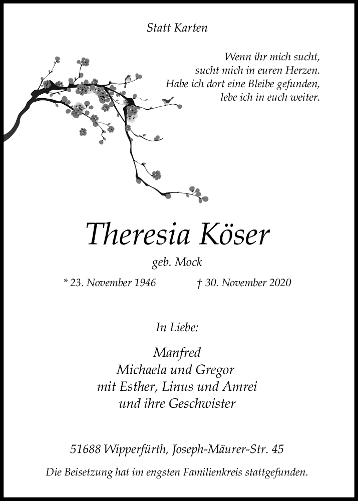  Traueranzeige für Theresia Köser vom 22.12.2020 aus Kölner Stadt-Anzeiger / Kölnische Rundschau / Express