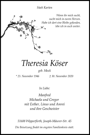 Anzeige von Theresia Köser von Kölner Stadt-Anzeiger / Kölnische Rundschau / Express