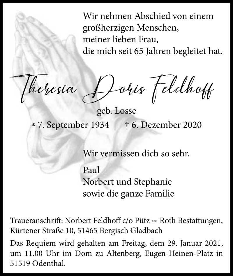  Traueranzeige für Theresia Doris Feldhoff vom 19.12.2020 aus Kölner Stadt-Anzeiger / Kölnische Rundschau / Express