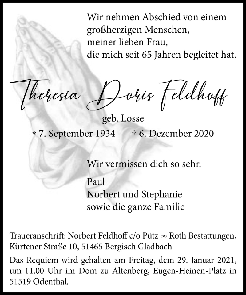  Traueranzeige für Theresia Doris Feldhoff vom 18.12.2020 aus  Bergisches Handelsblatt 