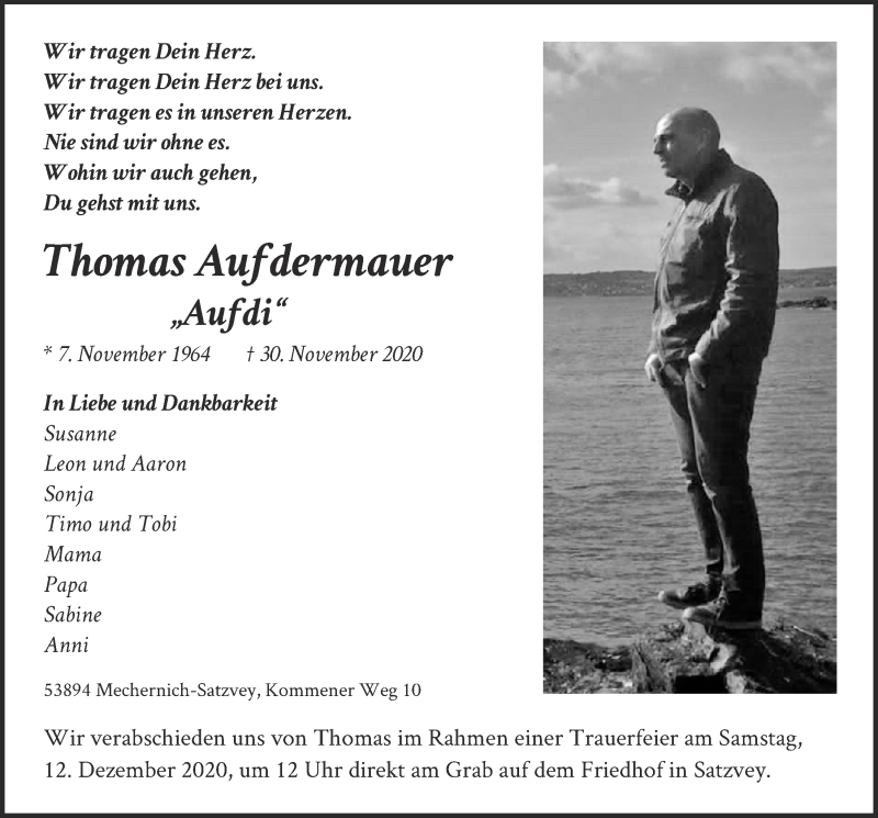  Traueranzeige für Thomas Aufdermauer vom 05.12.2020 aus  Blickpunkt Euskirchen 