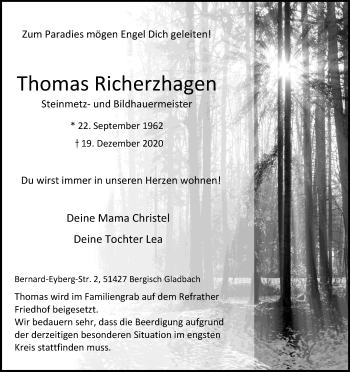 Anzeige von Thomas Richerzhagen von Kölner Stadt-Anzeiger / Kölnische Rundschau / Express