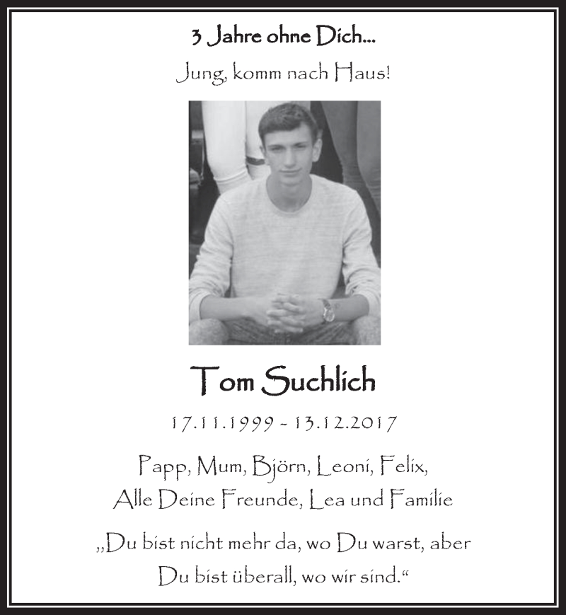  Traueranzeige für Tom Suchlich vom 11.12.2020 aus  Werbepost 