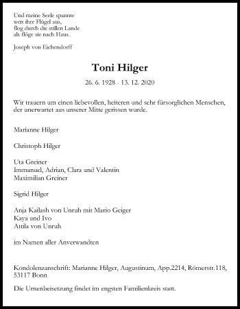 Anzeige von Toni Hilger von Kölner Stadt-Anzeiger / Kölnische Rundschau / Express