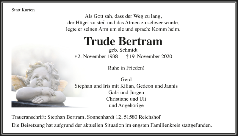  Traueranzeige für Trude Bertram vom 11.12.2020 aus  Lokalanzeiger 