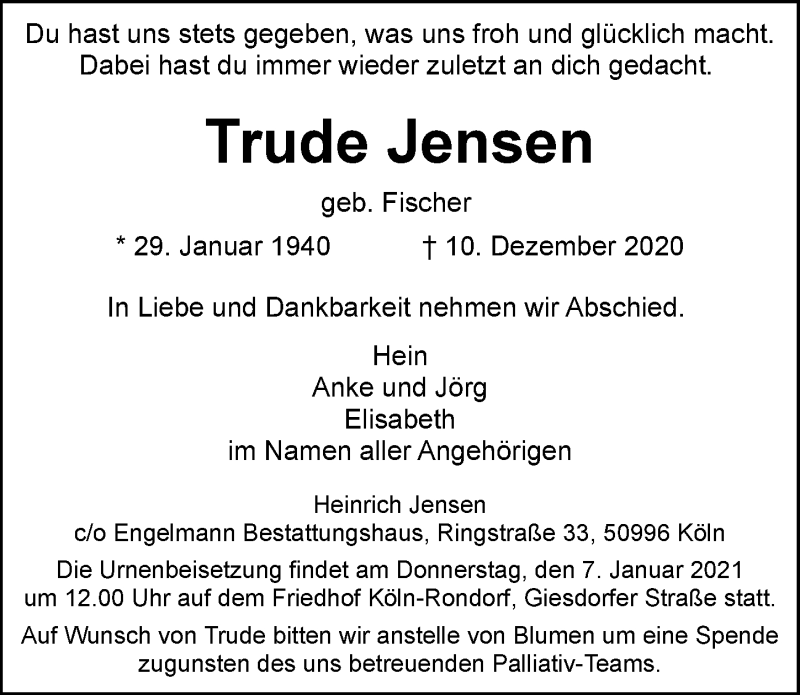  Traueranzeige für Trude Jensen vom 18.12.2020 aus  Kölner Wochenspiegel 