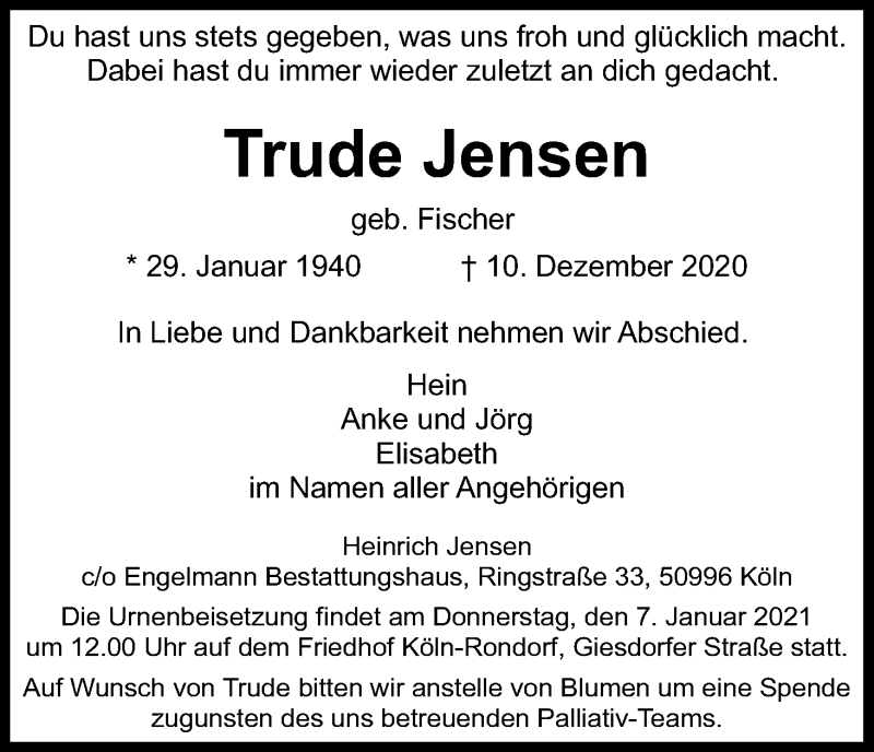  Traueranzeige für Trude Jensen vom 19.12.2020 aus Kölner Stadt-Anzeiger / Kölnische Rundschau / Express