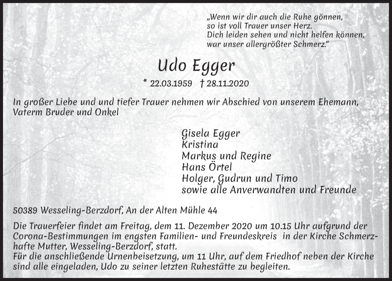  Traueranzeige für Udo Egger vom 04.12.2020 aus  Schlossbote/Werbekurier 