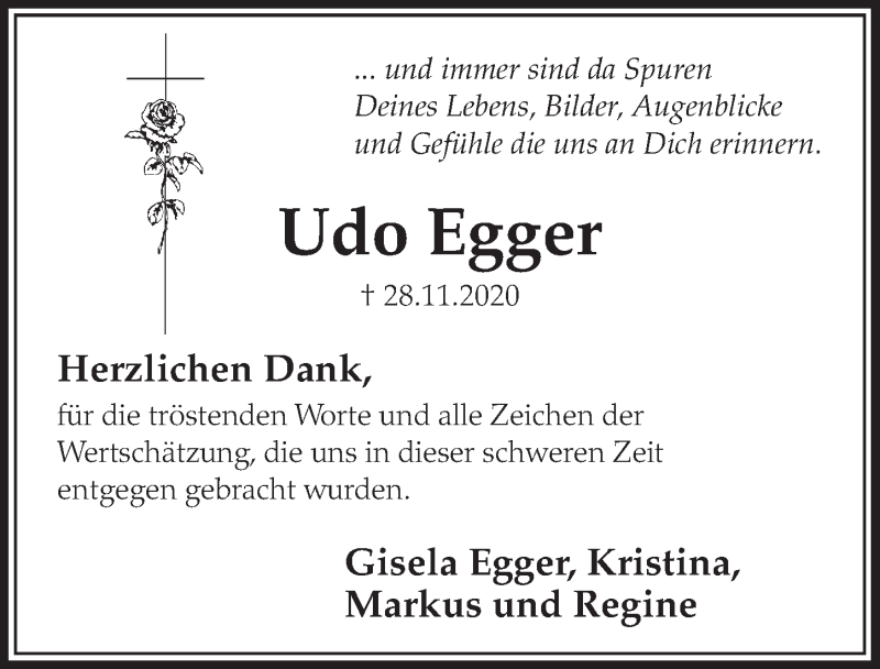  Traueranzeige für Udo Egger vom 18.12.2020 aus  Schlossbote/Werbekurier 