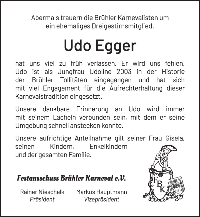 Traueranzeige für Udo Egger vom 11.12.2020 aus  Schlossbote/Werbekurier 