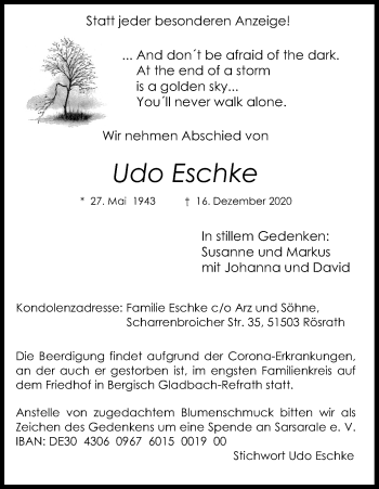 Anzeige von Udo Eschke von Kölner Stadt-Anzeiger / Kölnische Rundschau / Express