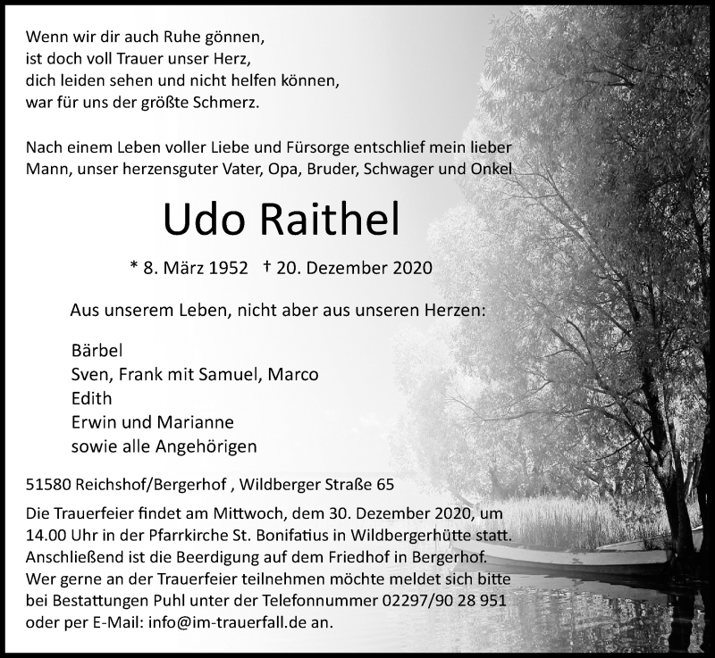  Traueranzeige für Udo Raithel vom 23.12.2020 aus Kölner Stadt-Anzeiger / Kölnische Rundschau / Express