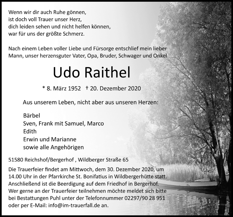  Traueranzeige für Udo Raithel vom 28.12.2020 aus  Anzeigen Echo  Lokalanzeiger 