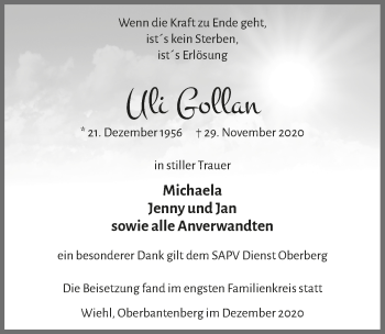 Anzeige von Uli Gollan von  Anzeigen Echo 