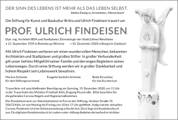 Anzeige von Ulrich Findeisen von Kölner Stadt-Anzeiger / Kölnische Rundschau / Express